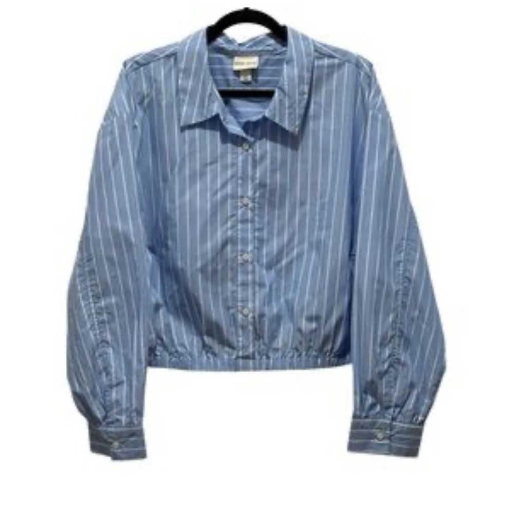 AVA & VIV Womens Blue White Stripe Cropped Button Up Shirt 3XL